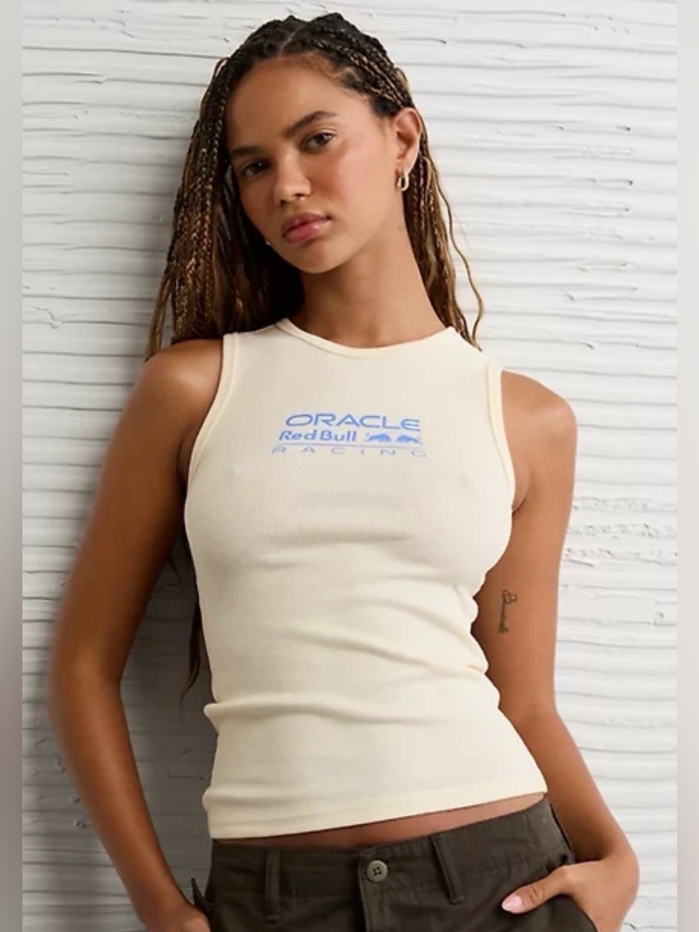American Eagle Outfitters Cream Ribbed Oracle Racing Logo Tank